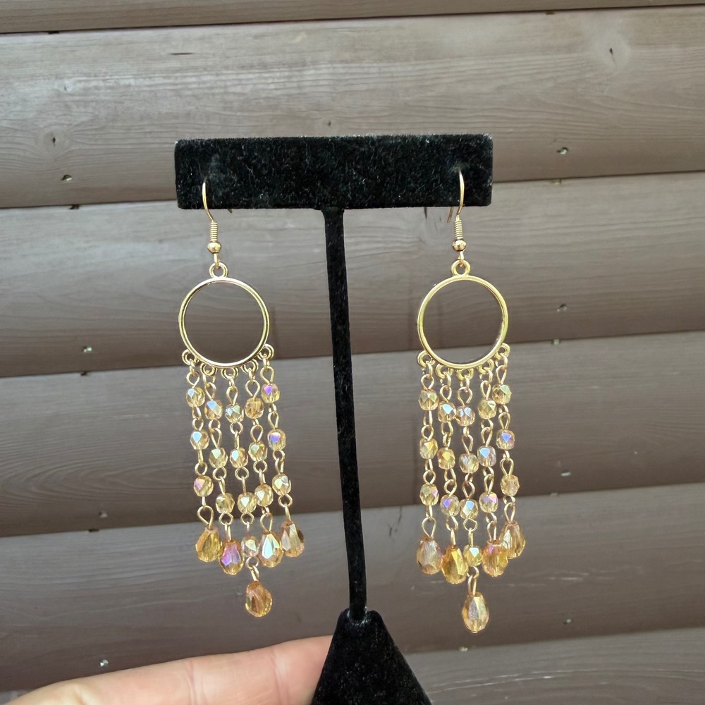 Chandelier Earrings Women Gold Amber‎ Plastic Crystal Bead Tiered Fringe Dangle